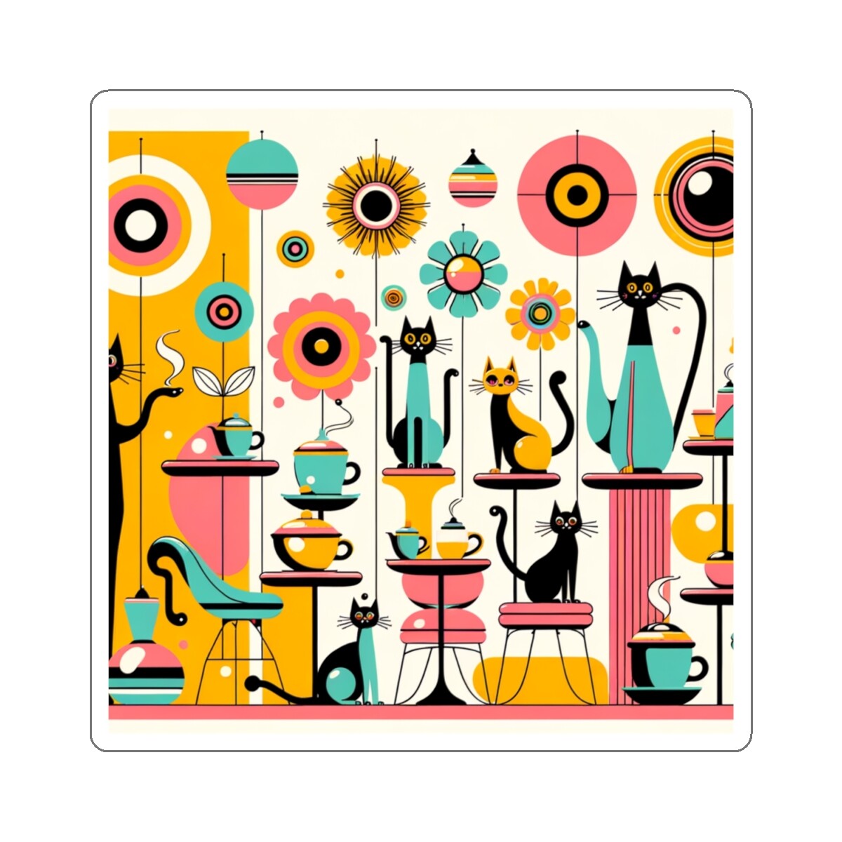 Sticker Feline Retro Cafe Atomic Cat Mid Century Modern Pet 2×2" 3×3" 4×4" 6×6"