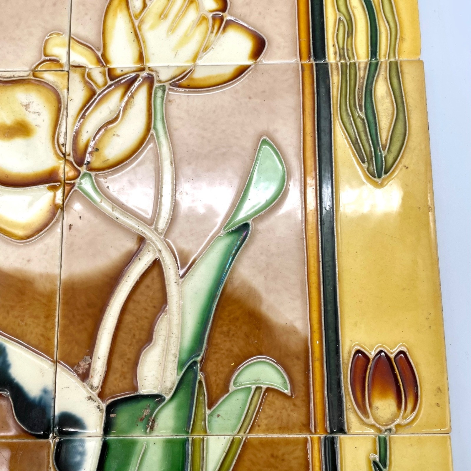 Art Nouveau Style Floral Ceramic Tile Mural 6-Piece Set Yellow Brown