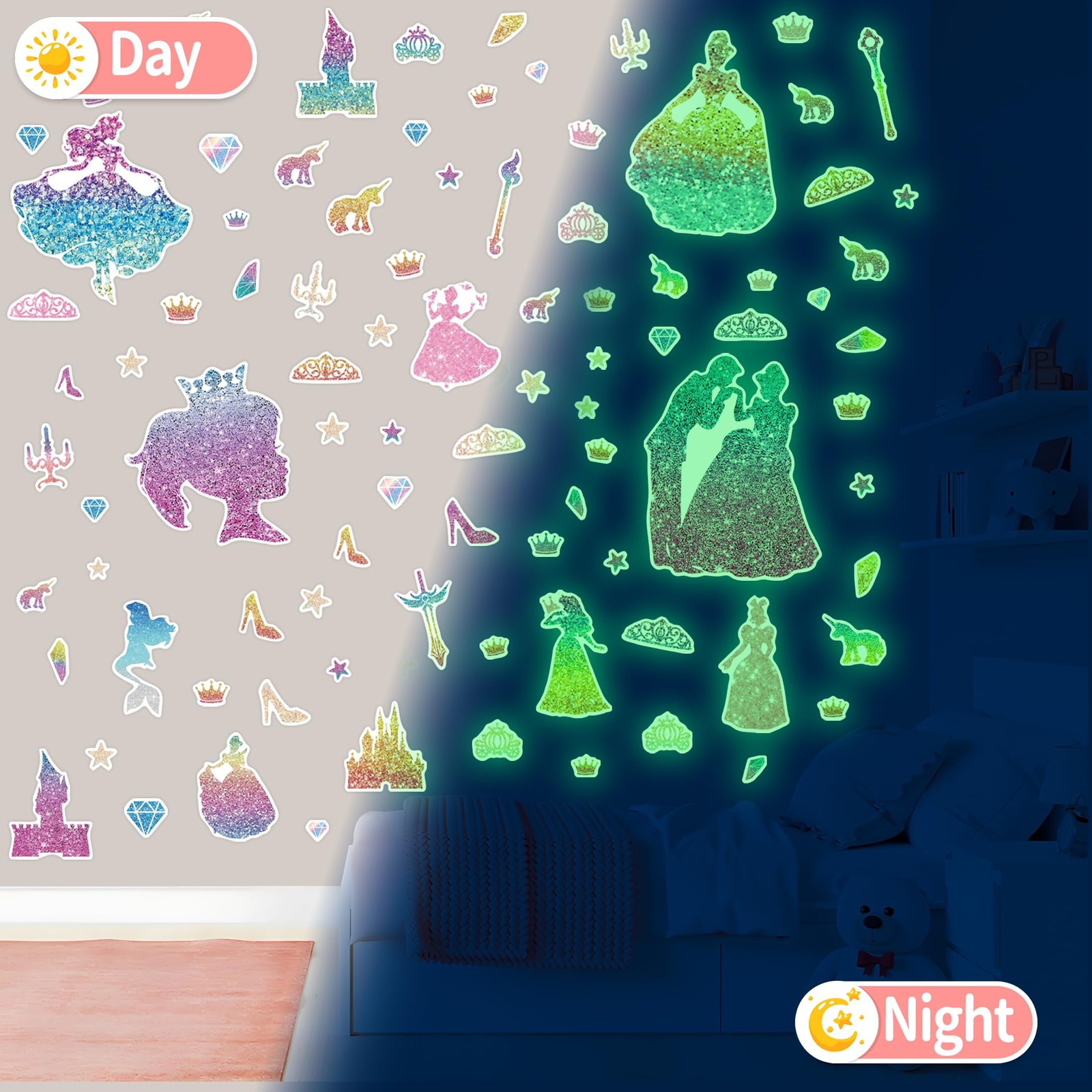 Glow in The Dark Princess and Crown Wall Decals, Glitter Stars Stickers for B…