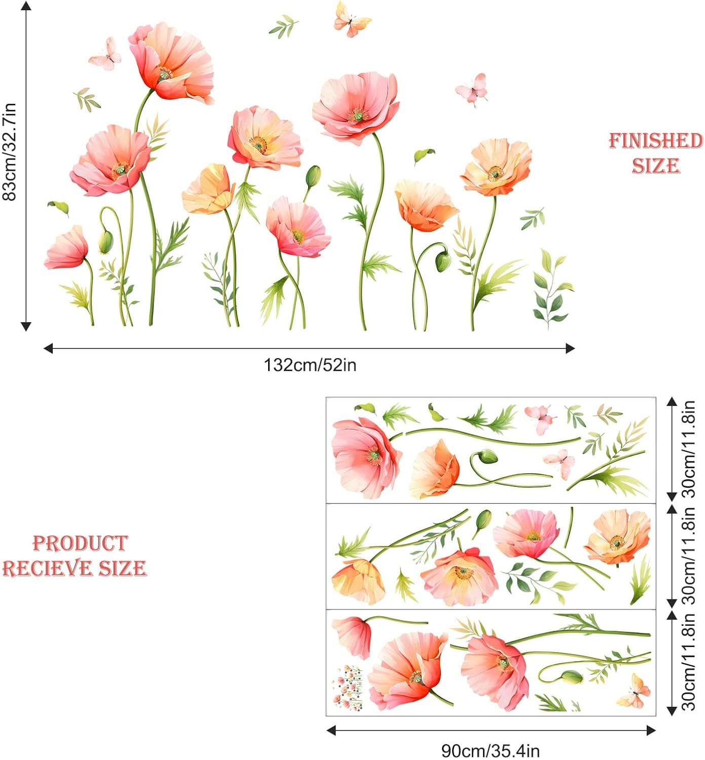 Large Pink Floral Wall Decals Poppy Flower Butterfly Multi-colored