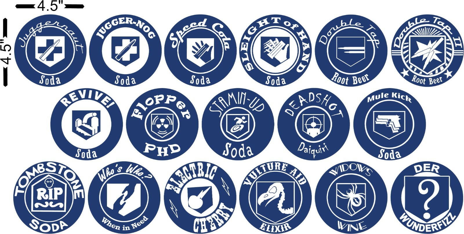 Full Set of 17 Zombie Perk Logo Stickers for Indoor – 4.5 inch Gaming Decals