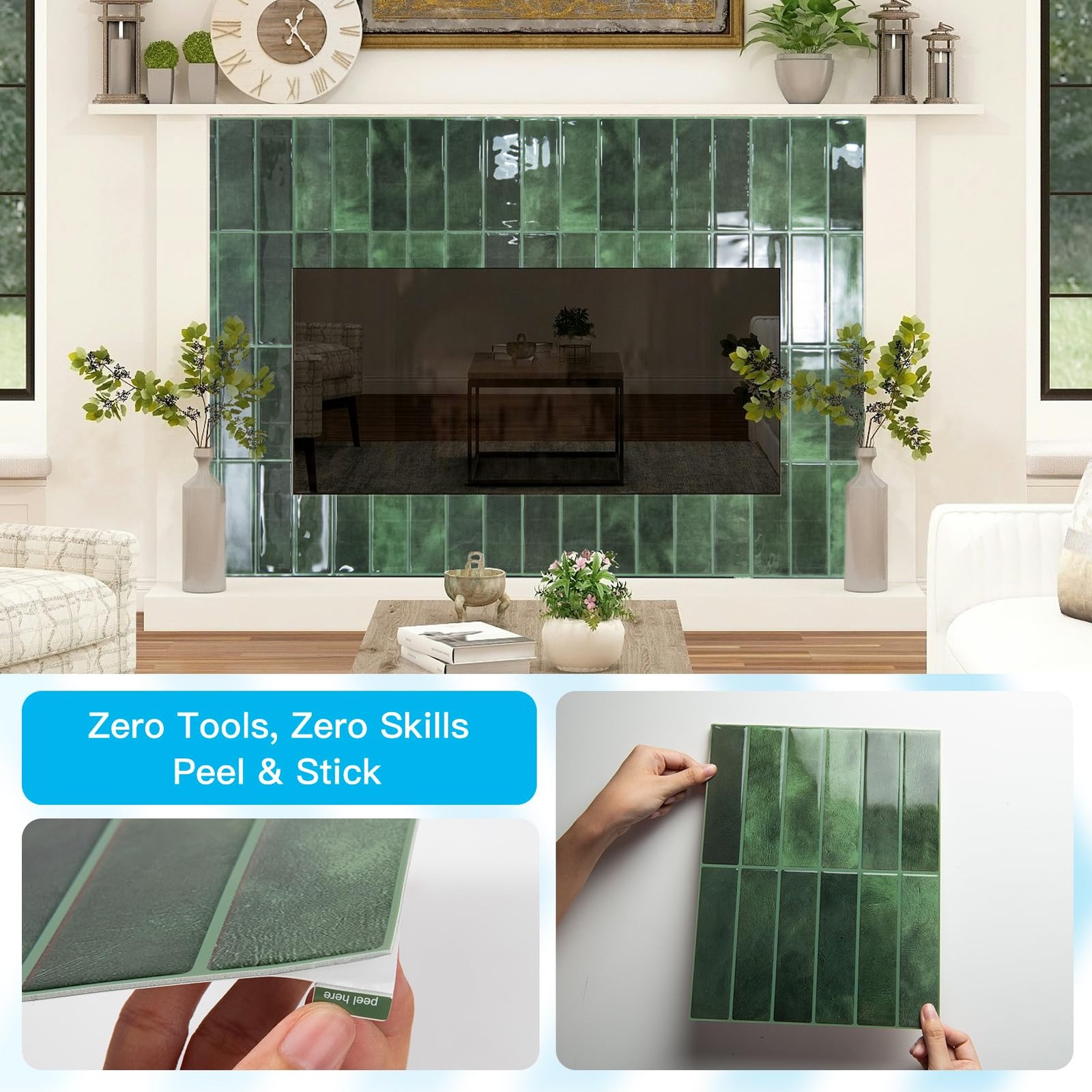 Art3d 11.4 x 9 Inch Heavy-Duty Peel and Stick Backsplash x 9 Inch, Green
