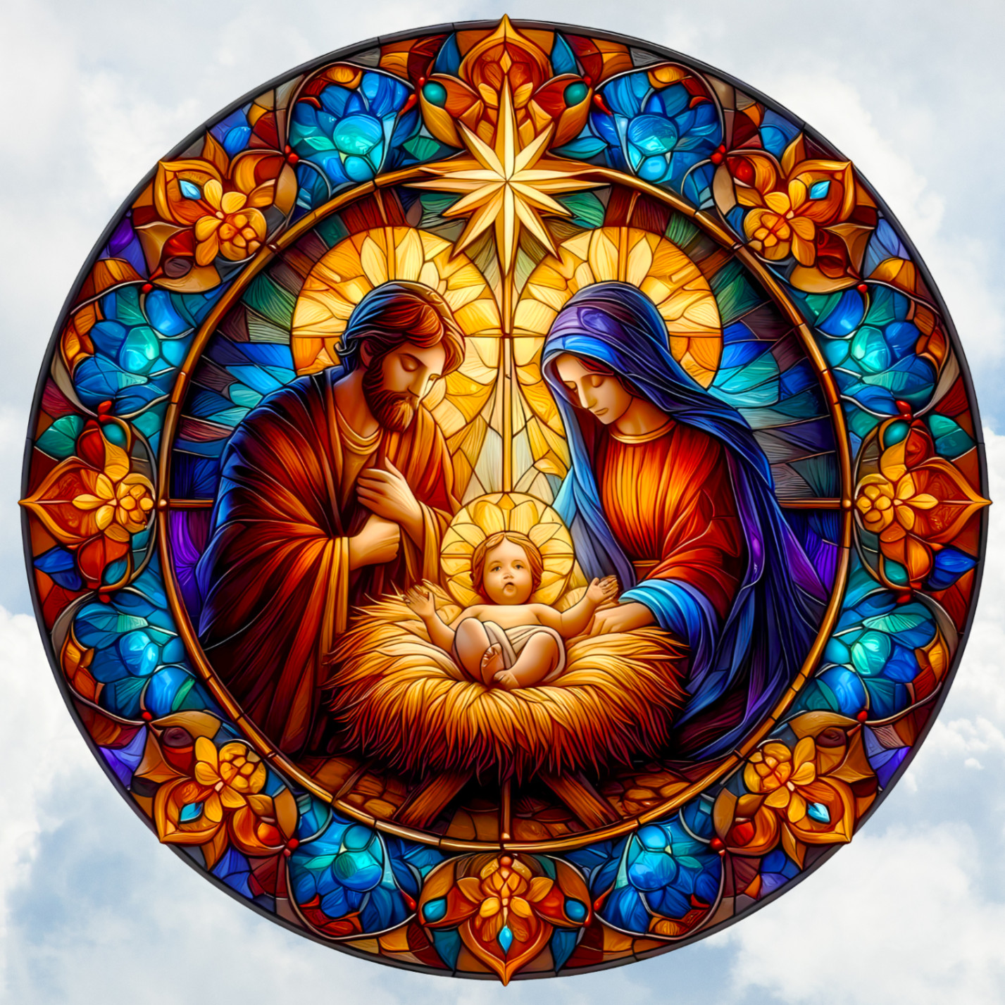 Christmas Nativity Scene Faux Stained Glass WINDOW CLING Size 8" Round Vinyl