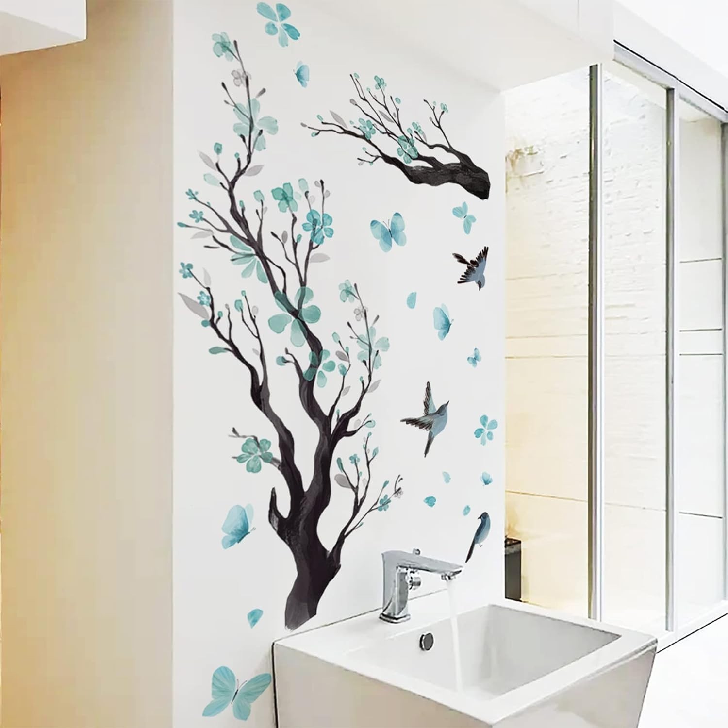Blue Watercolor Flower Wall Decals Romantic Bird Tree Murals for Kids Rooms