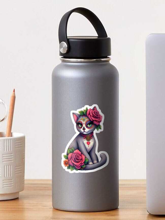 Dia de Muertos Kitty with Roses Sticker by C Autumn Trapp Original Art 3" x 3"