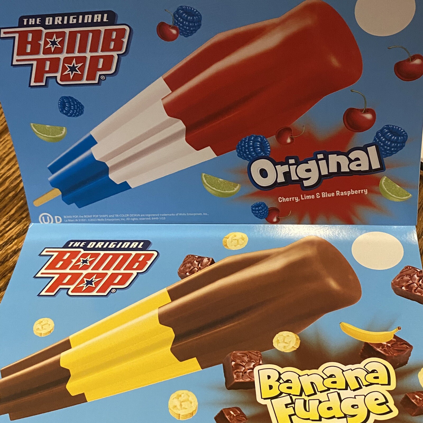 set of 2 NEW Original Bomb Pop decals stickers red white blue & banana fudge yum