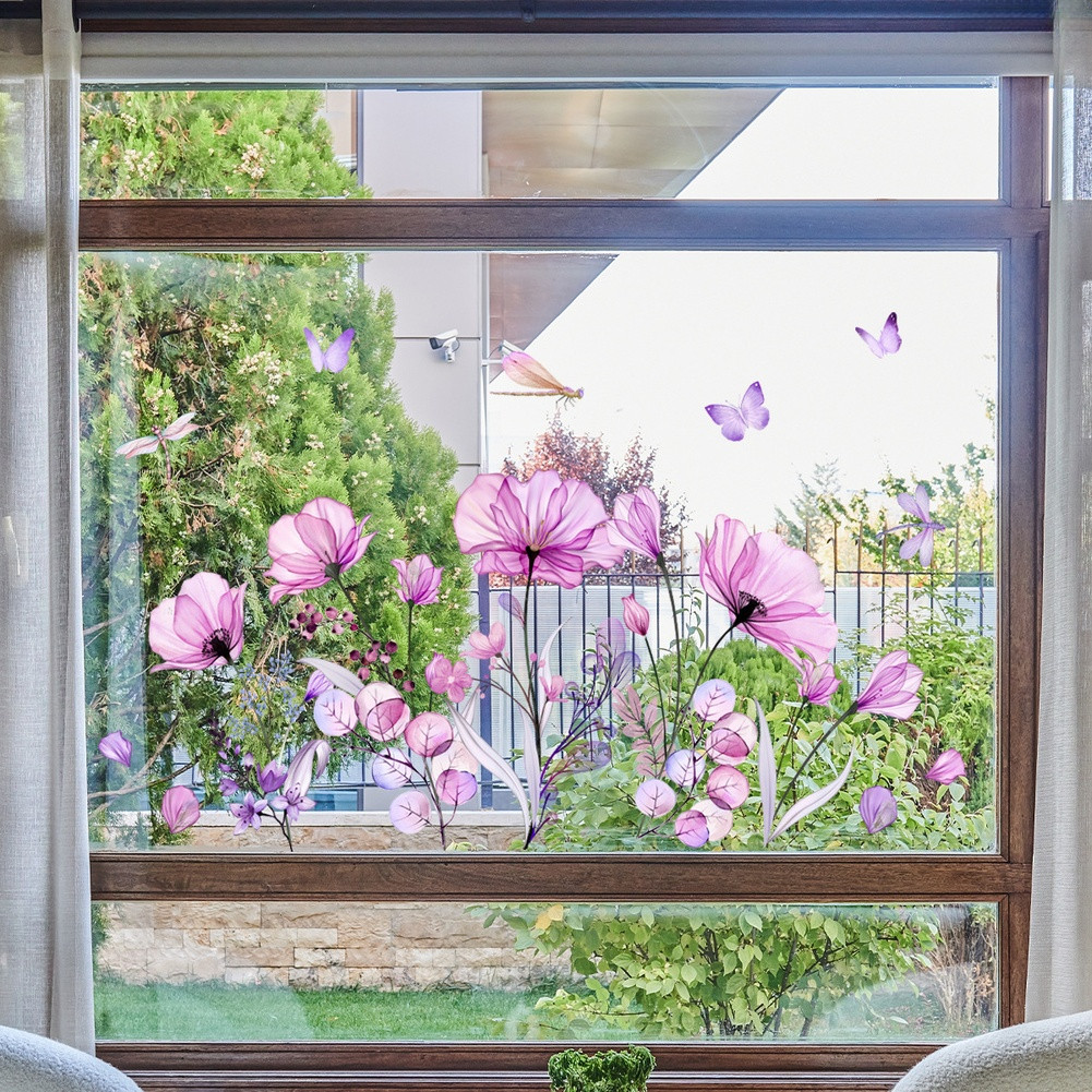 Static Window Sticker with Purple Flowers and Butterflies 11.81 by 23.62 in
