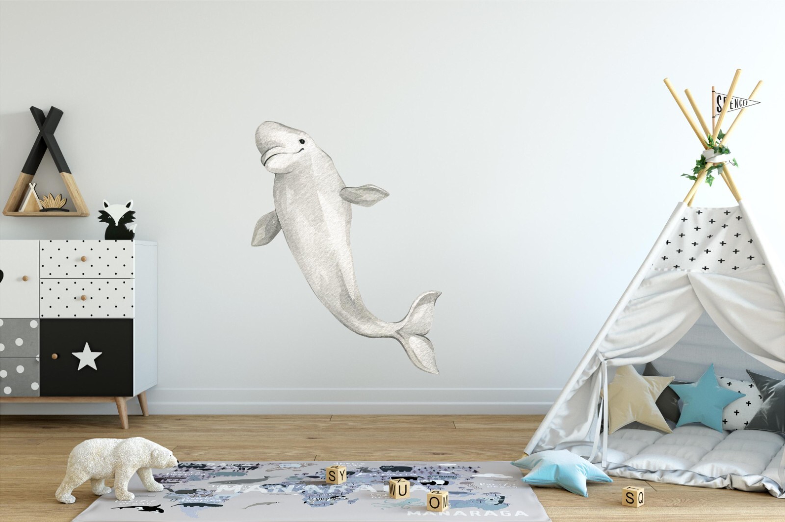 Whimsical Beluga Whale Ocean Fabric Wall Decal Removable Arctic Sea Life Nursery