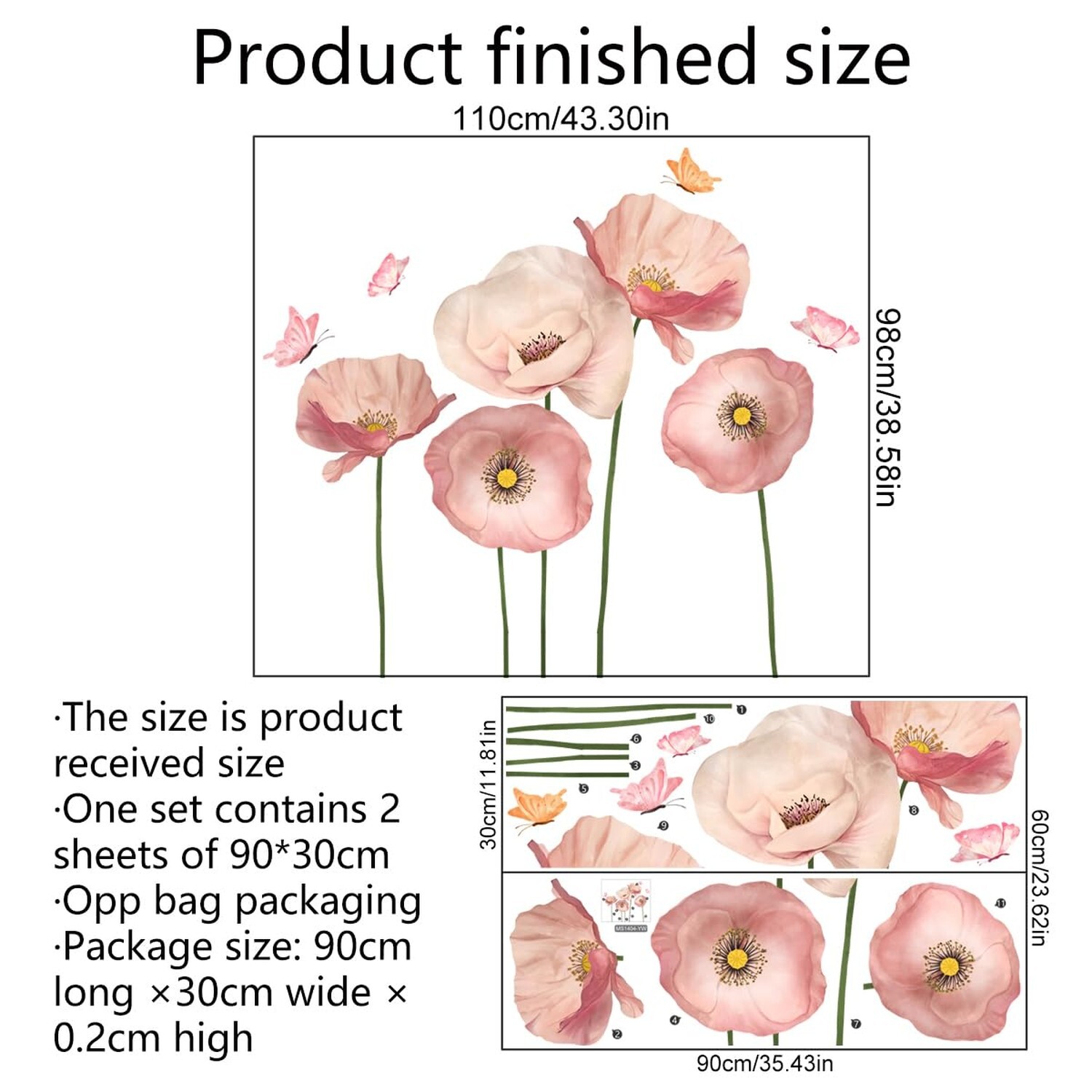 2 Sheets Giant Pink Flower Wall Stickers 5 Poppy Flowers Wall Decals DIY Peel…