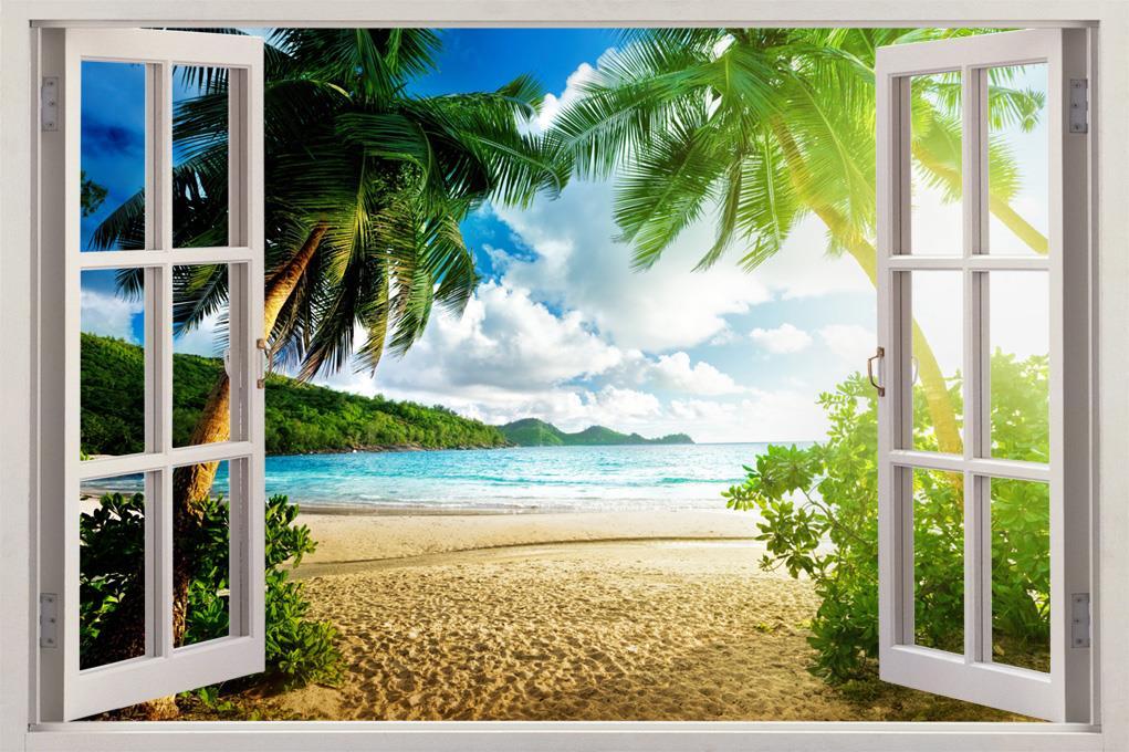 Virgin Island 3D Window View Decal WALL STICKER Art Mural Exotic Ocean Beach