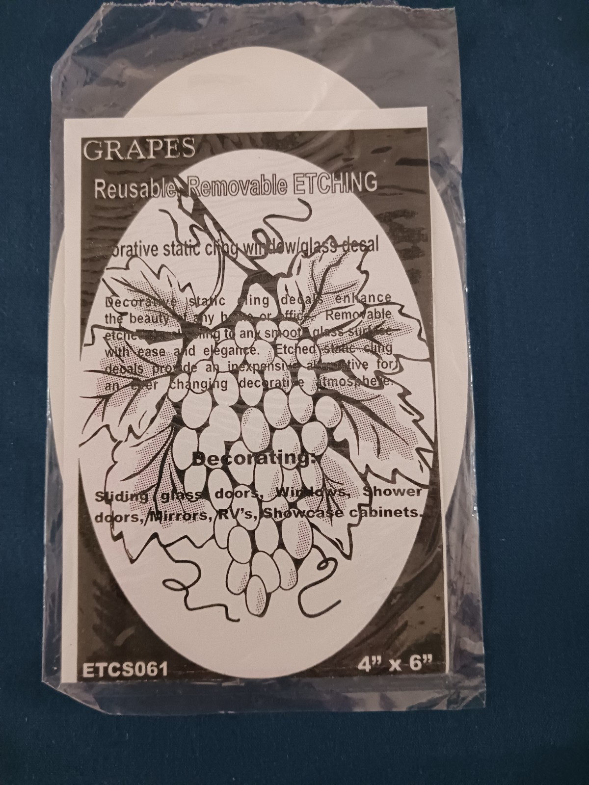 Grapes 4"x6" OVAL Etched Glass Look Cling Removable & Reusable 61