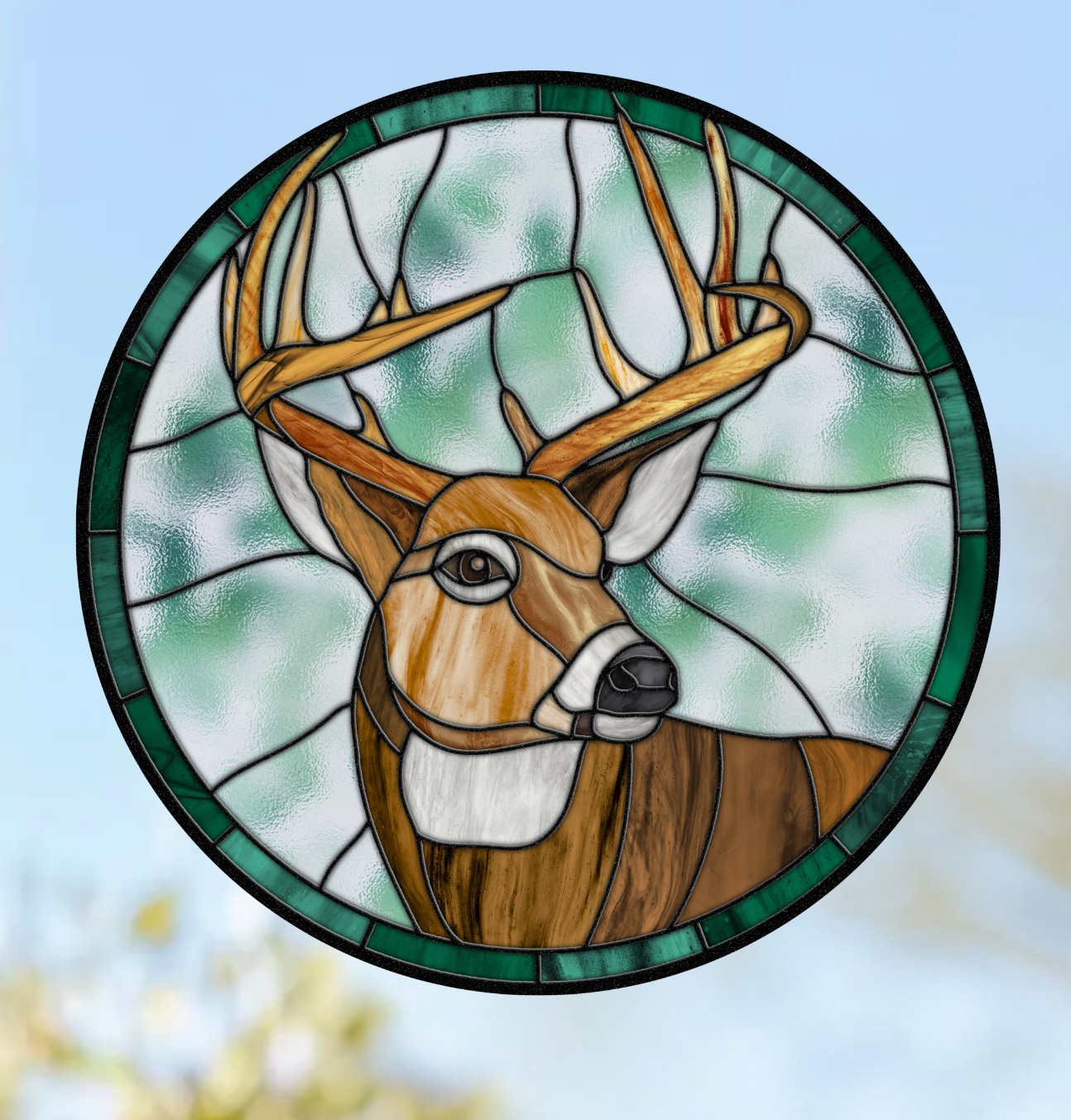 Buck ~ Deer Faux Stained-Glass WINDOW CLING Size 8" Round Repositionable Vinyl