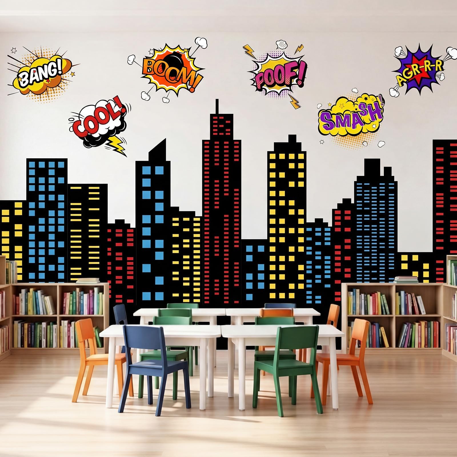 Breling Large Hero Theme City Skyline Wall Decals 12.6 inches, Multi Color