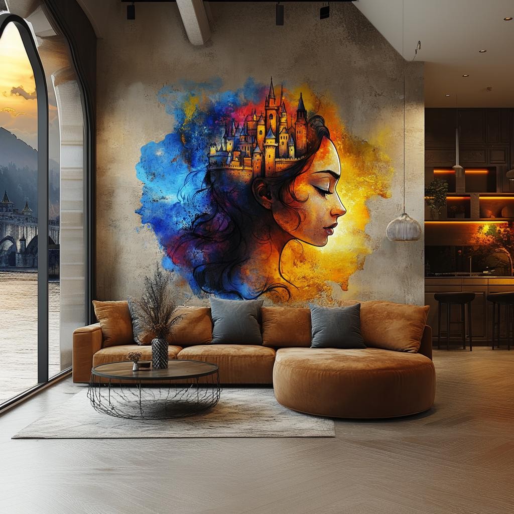 Fantasy Castle Wall Art Sticker – Vibrant Woman Portrait Vinyl Decal for Living