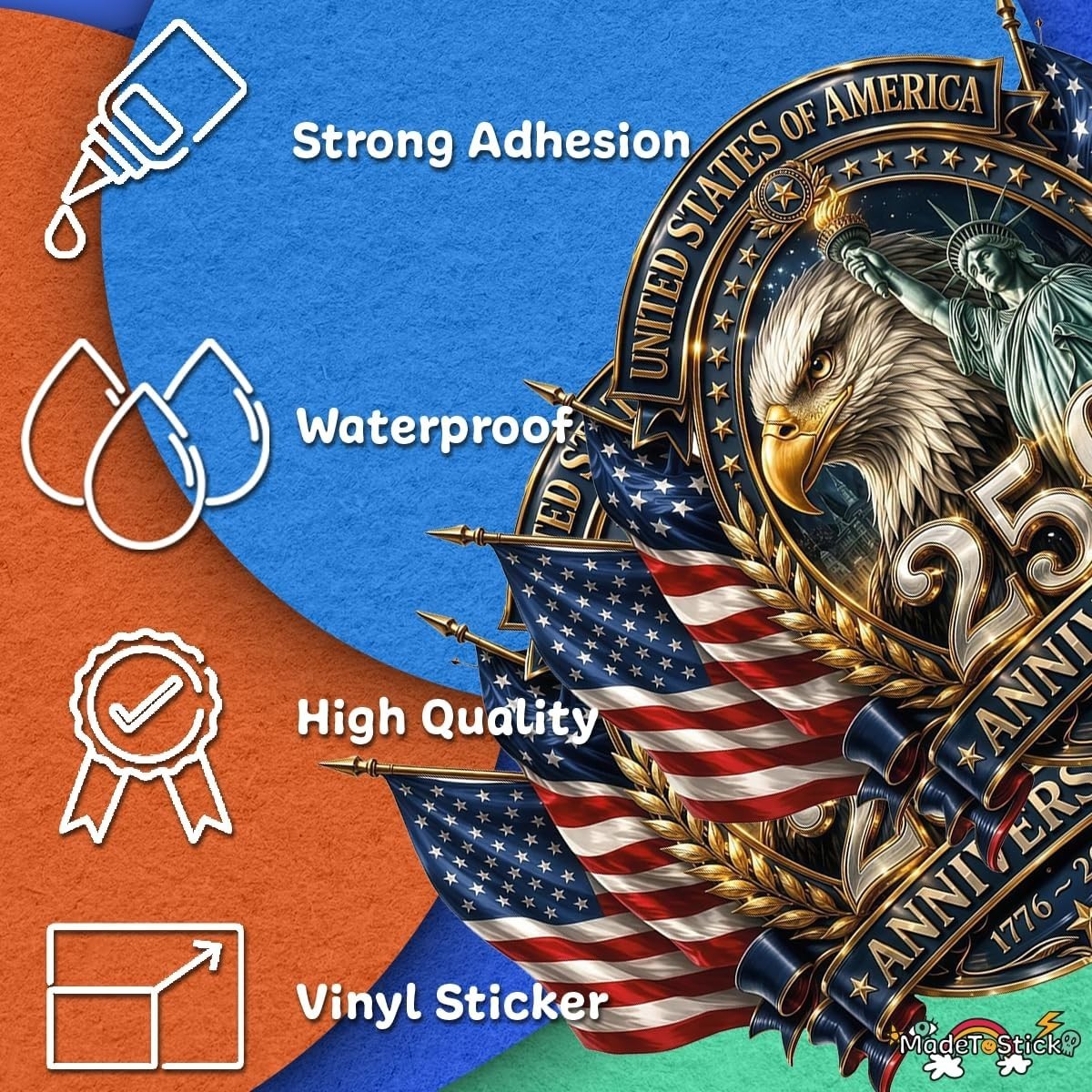 2-Pack USA 250th Anniversary Crest Eagle Liberty Seal Sticker Decal 4"x5"