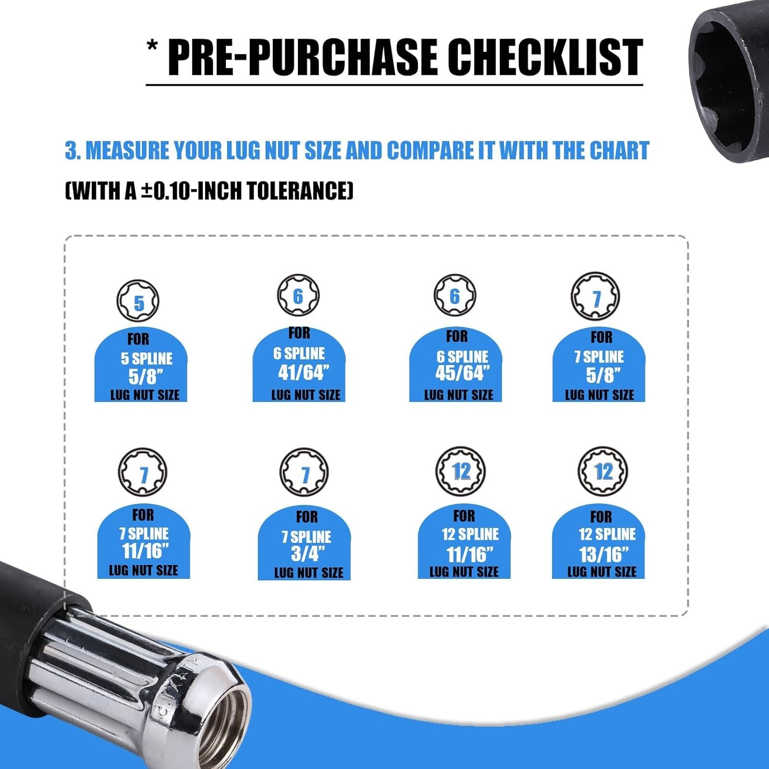 Spline Lug Nut Socket Set, 8 Piece SAE & Metric Locking Lug Nut Removal Tool, Wh