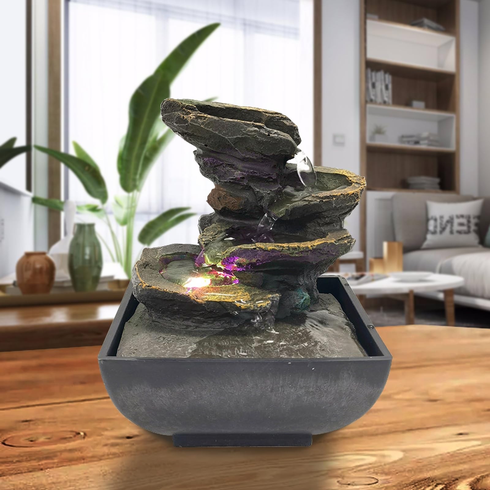 Indoor Tabletop Fountain Water Fountain with Light and Natural Waterfall Soun…
