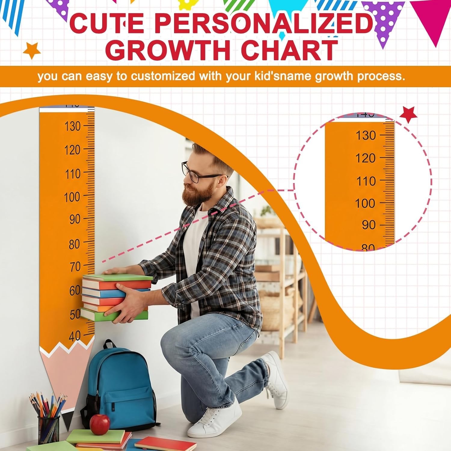 Height Growth Chart Wall Sticker Decor 77"x14" Pencil Shaped Height Measurement