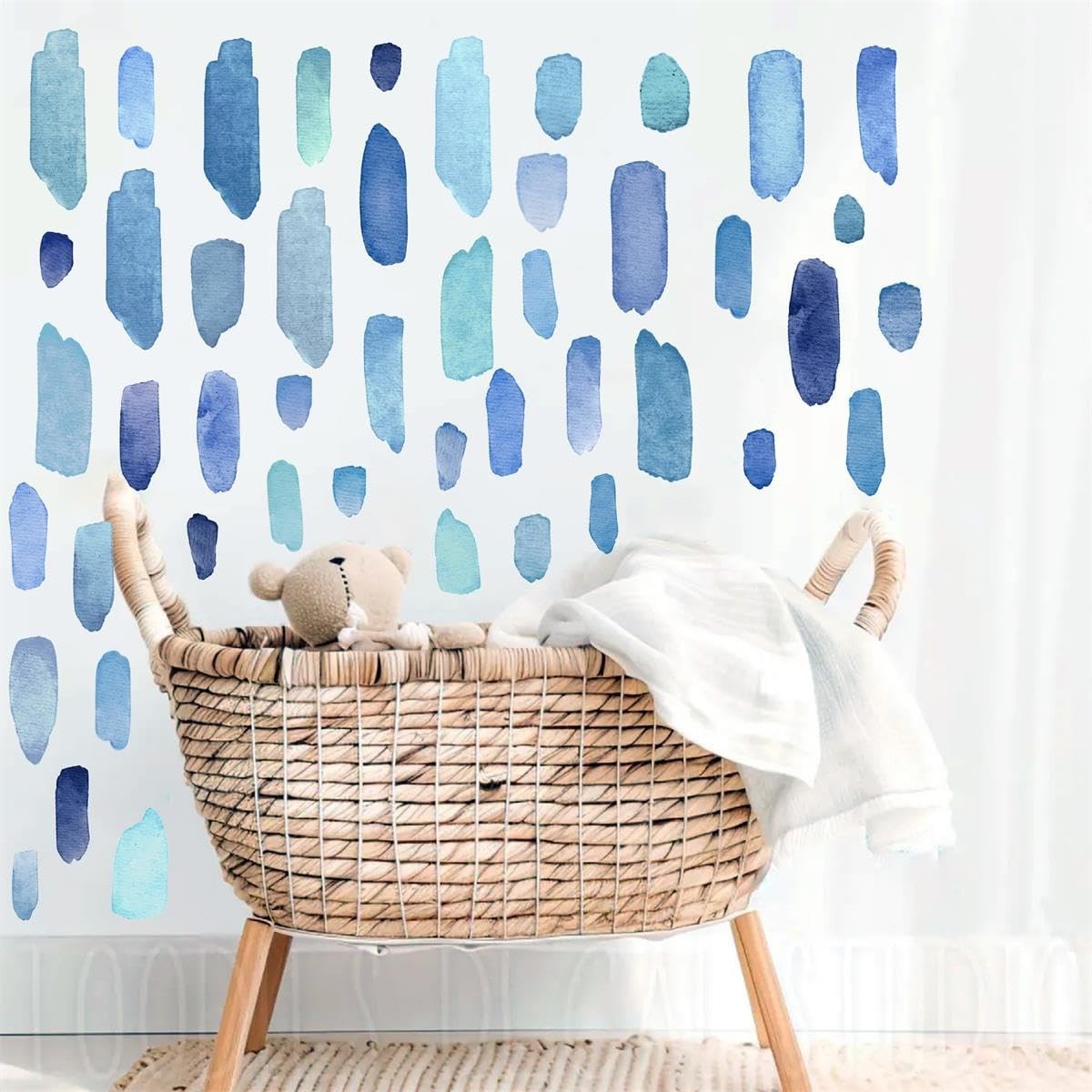 Boho Watercolor Wall Stickers – Removable Blue Stripes Decals for Kids' Room, Nu