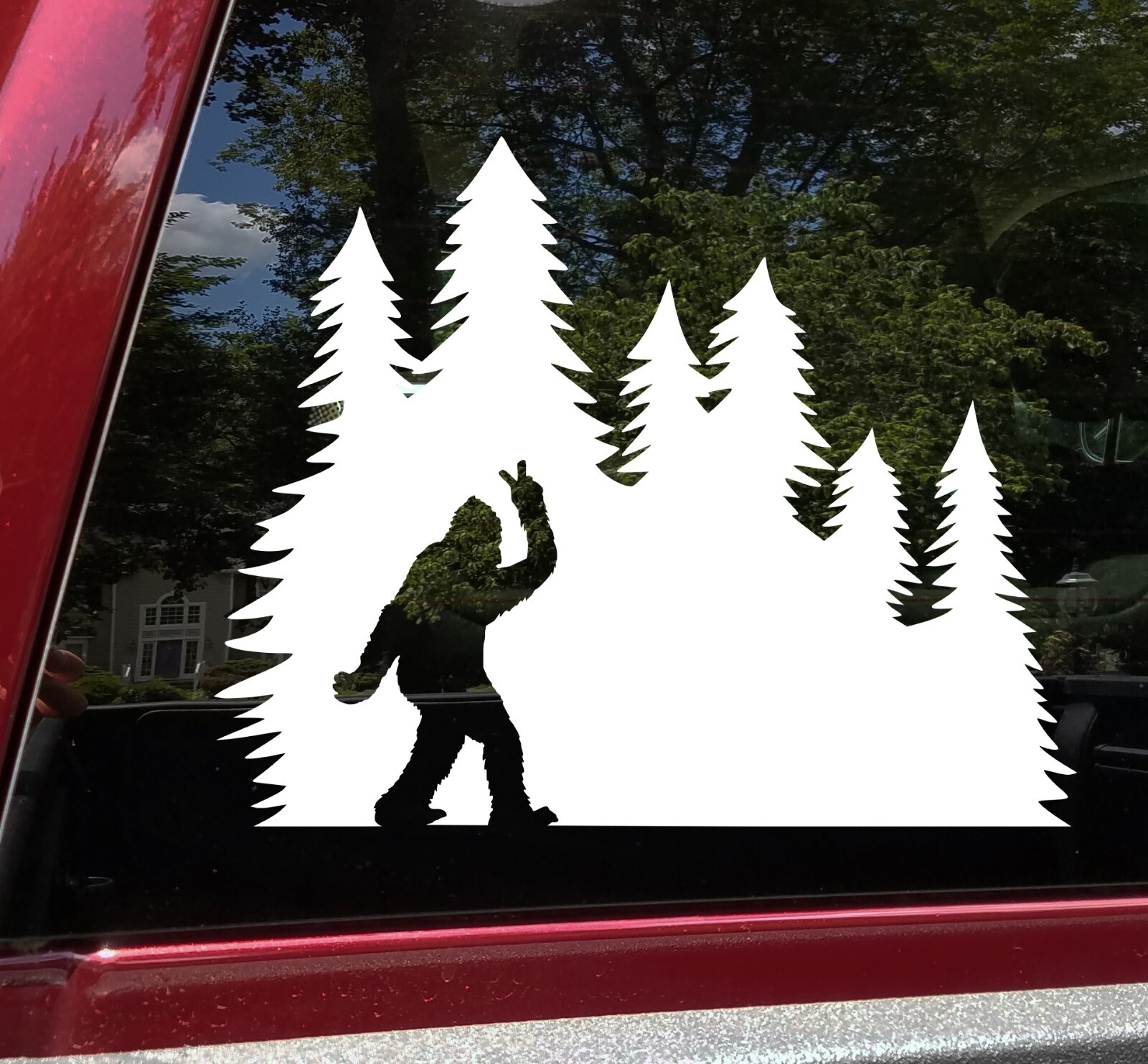 Bigfoot Peace Sign in Tree Line Vinyl Decal V1 | Sasquatch Pine Trees Sticker