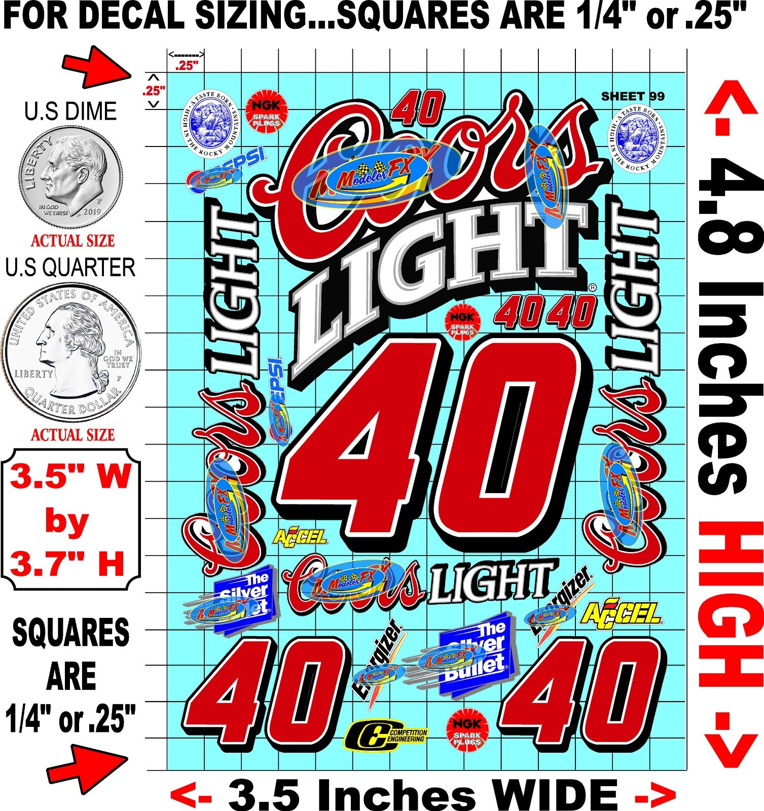 White Vinyl Sticker Sheet 99 coorslight-R/c Model Decal fits 1/24-1/16 Scale CUT