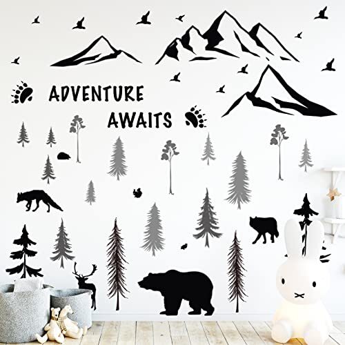 4 Sheets Mountain Wall Decal Rustic Nursery 11.8×9.5 Inch (Pack of 4) Black