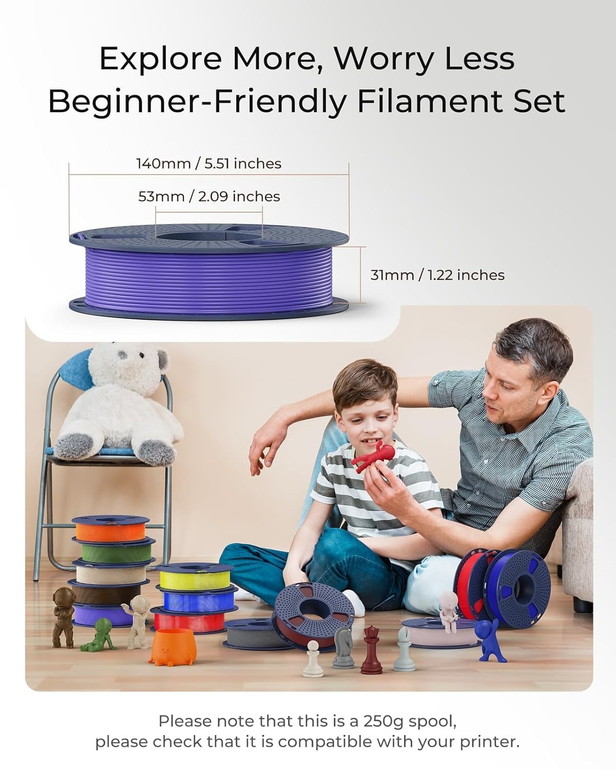 3D Printer Filament Bundle PLA 250g Spool Multicolor Tangle-Free Easy Use