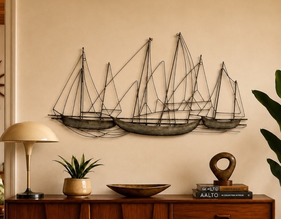 Stratton Home Antique Gold Metal Sailboat Costal Mid Century Style Wall Decor