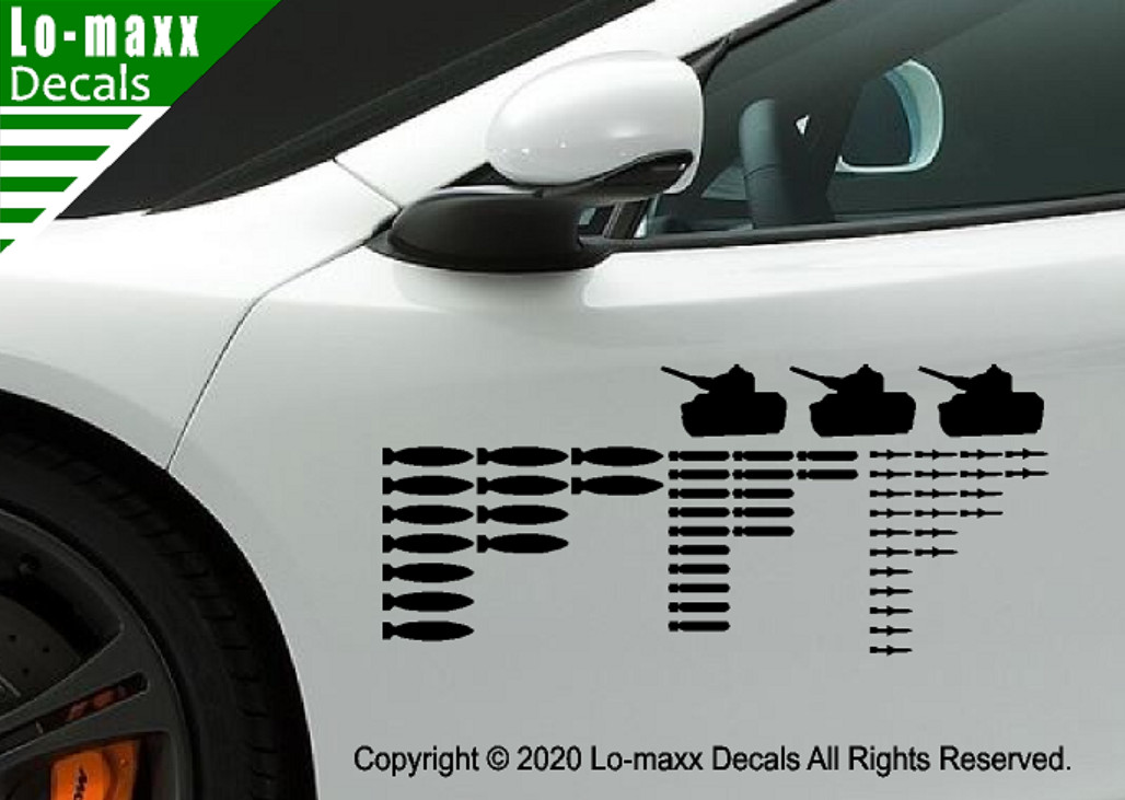 Set Of 53 Bombs And 3 Tanks Military Aircraft Kill Markings Die Cut Vinyl Decal