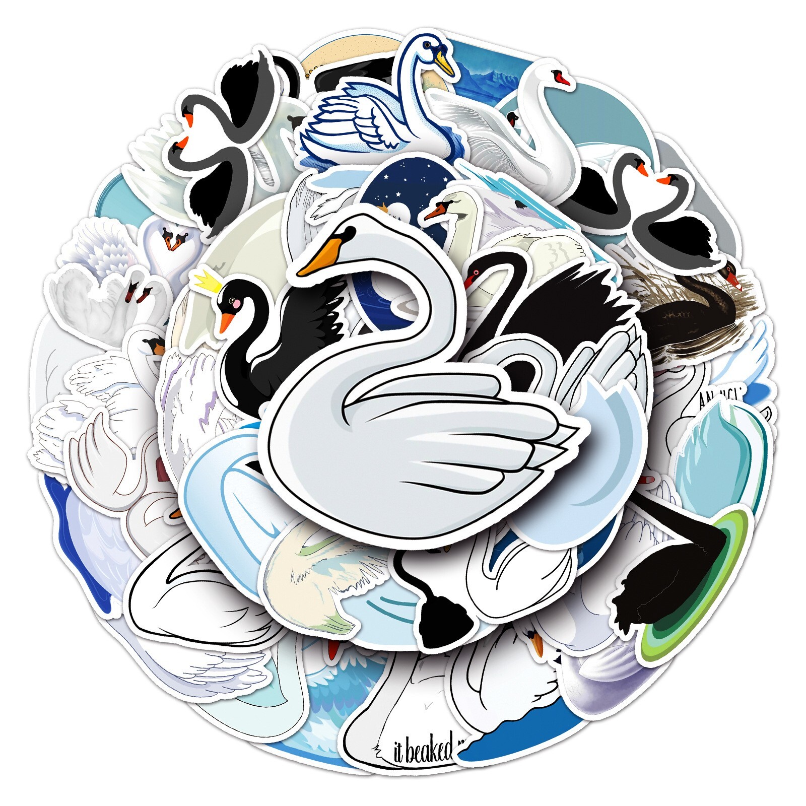 50pcs SWAN Stickers, Cute Animal Water Bottle Laptop No Residue Sticker, #212