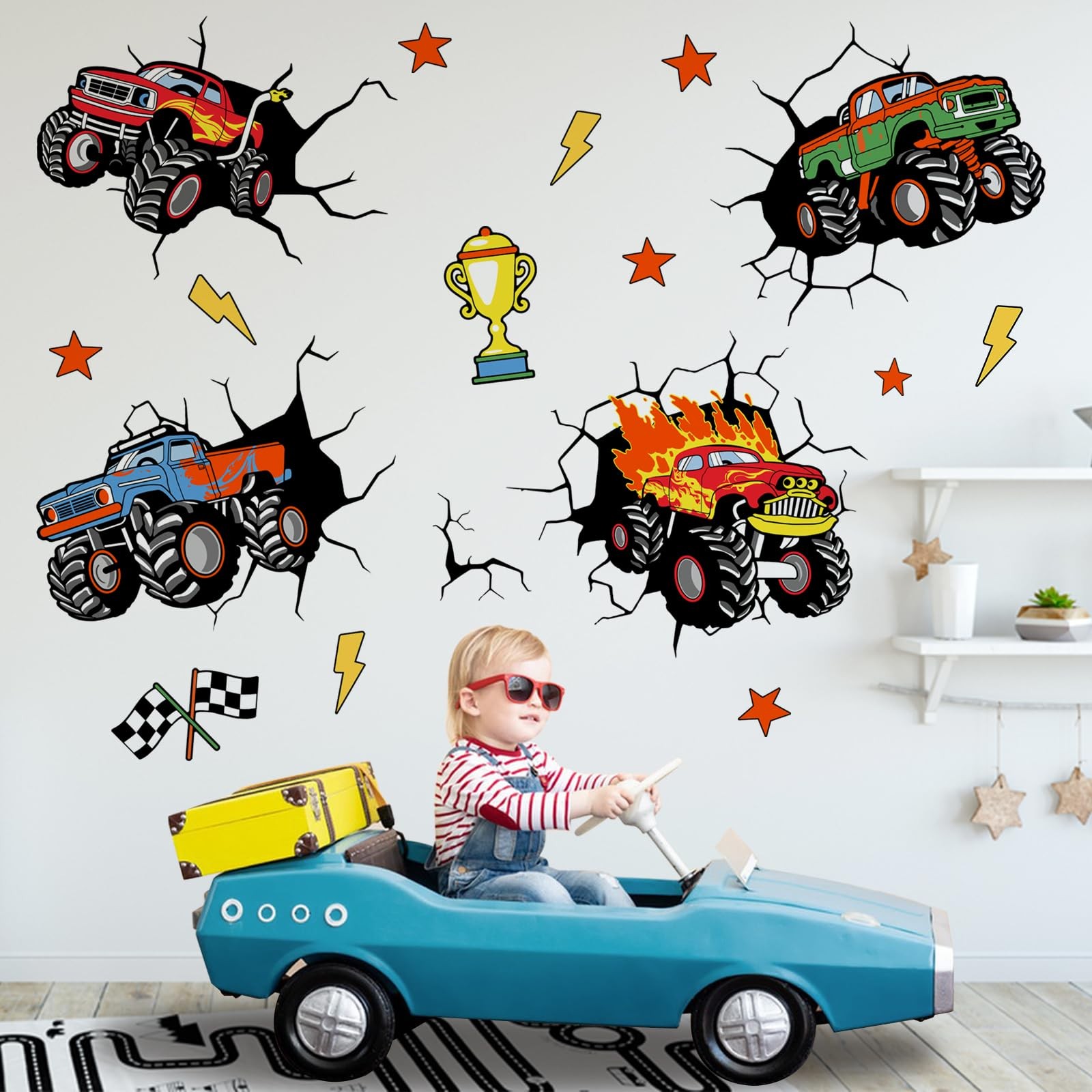 3D Racing Cars Wall Decals Stickers, Trucks Vehicles Break Through Baby Nurse…