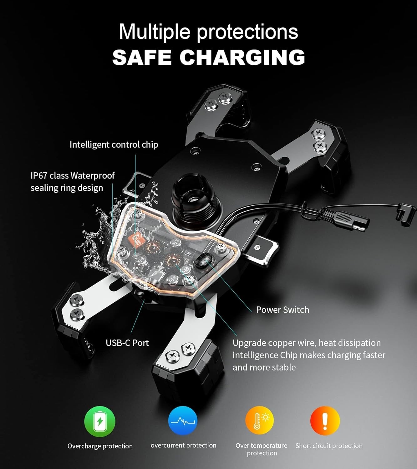 Motorcycle Fork Stem Phone Mount with Qi 15W Wireless Charger & Black
