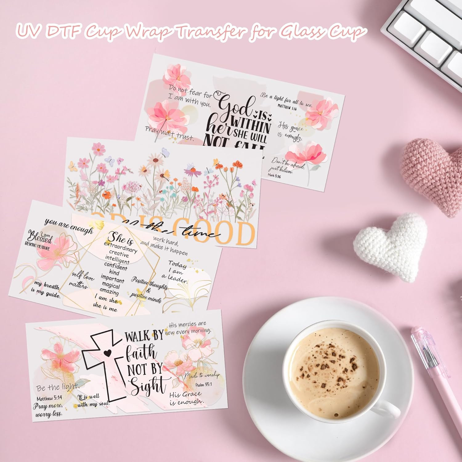 UV DTF Cup Wraps Sticker – 4 Sheets Bible Flower UV DTF Transfers for 16 OZ Glas
