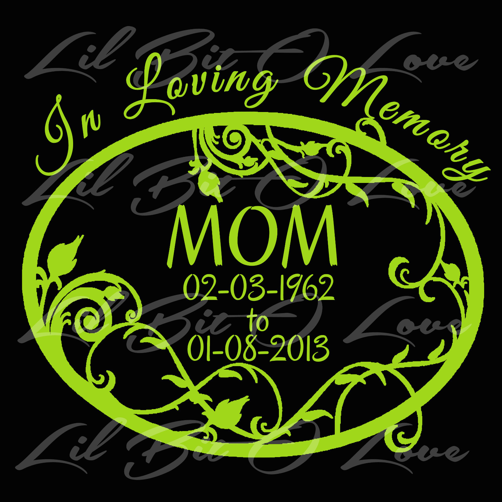 PERSONALIZED IN LOVING MEMORY VINYL DECAL WITH FILIGREE OVAL & NAMES AND DATES