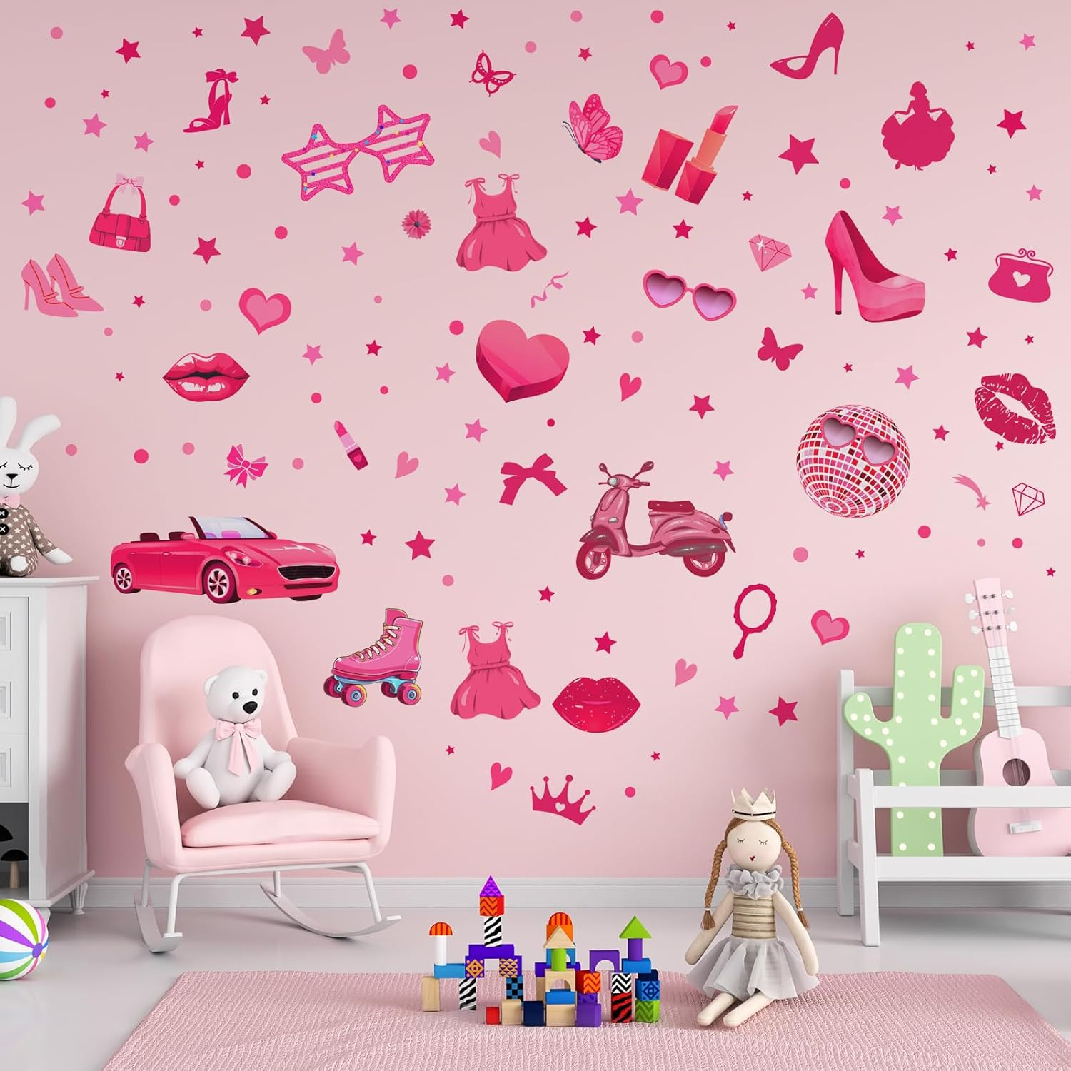 116 Pcs Hot Pink Girl Wall Stickers, Doll Lip Heart Room Decor for Girls Bedroo