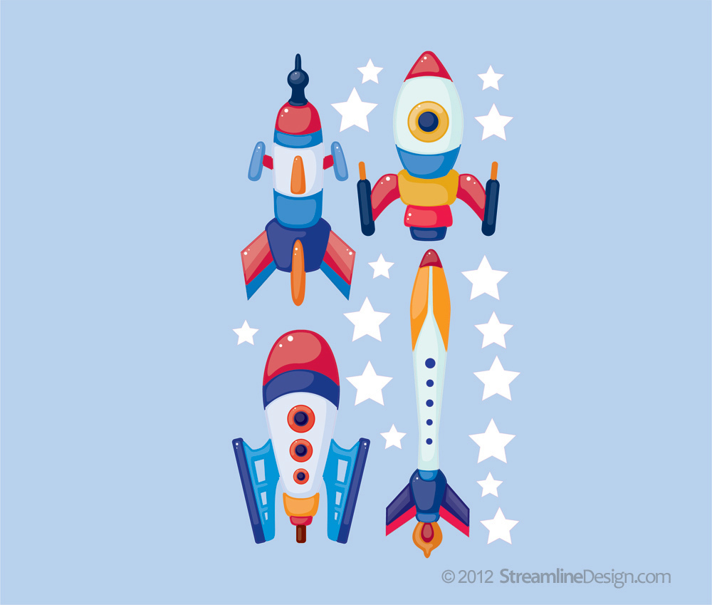 Printed Rockets with Stars Removable Matte Vinyl Wall Art – Set Two outer space
