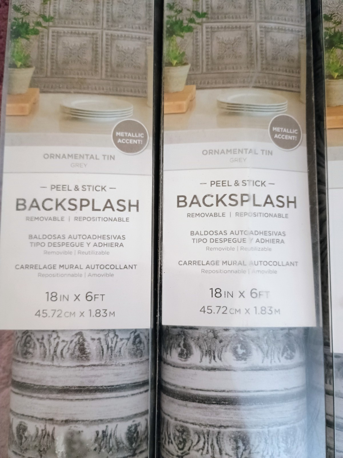 RoomMates Peel & Stick Backsplash Rolls Ornamental Tin Grey 18"x6'