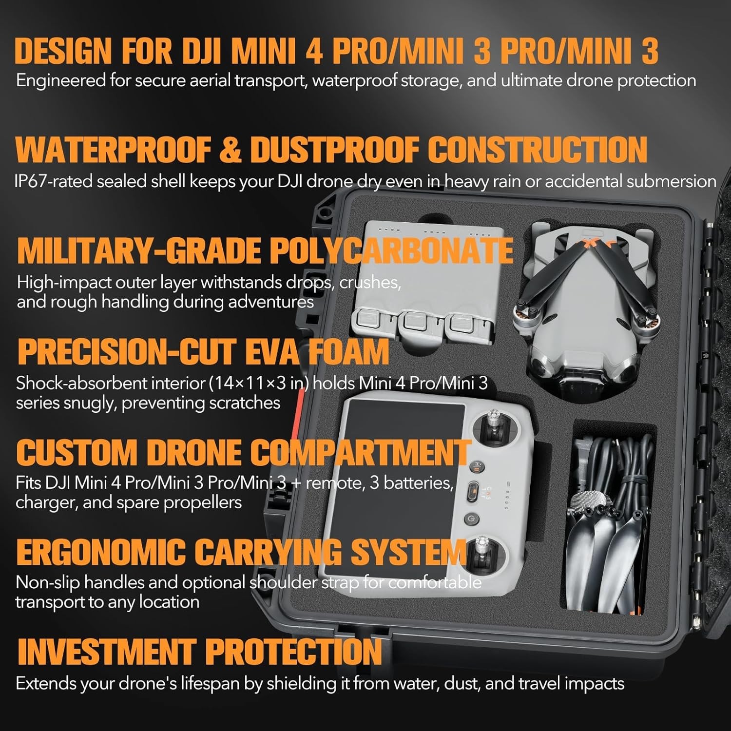Hard Case for DJI Mini 4 Pro: Waterproof Hard Shell with Foam for DJI Drone Mini