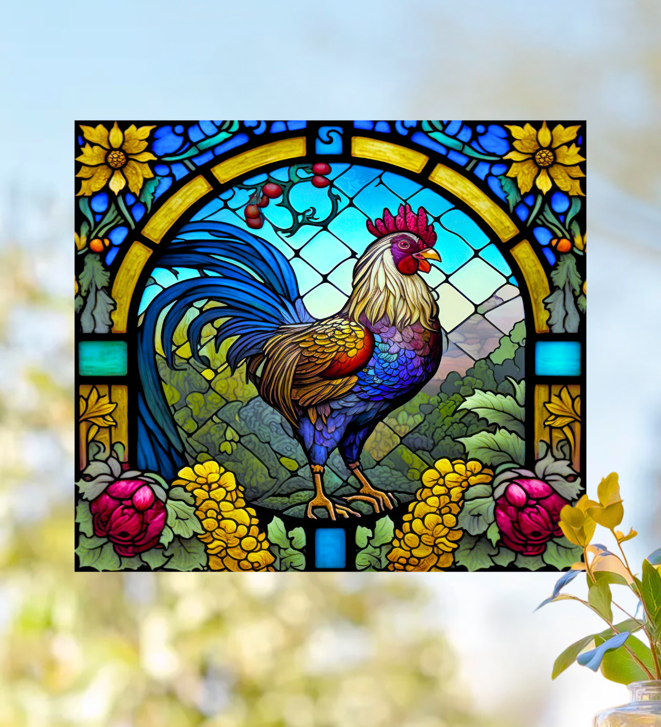Rooster Faux Stained-Glass WINDOW CLING Size 9" Repositionable Vinyl