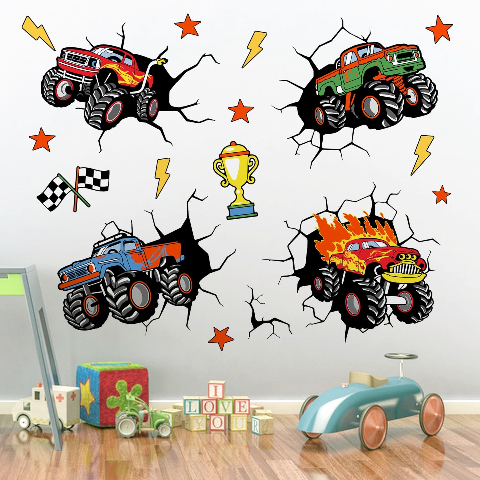 3D Racing Cars Wall Decals Stickers, Trucks Vehicles Break Through Baby Nurse…