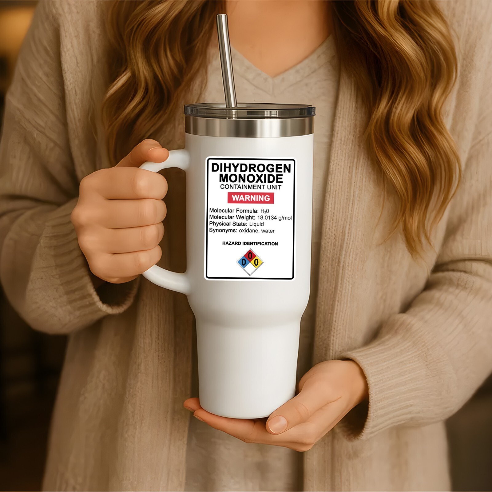 dihydrogen monoxide sticker, funny science meme, H2O warning label, nerdy chemis