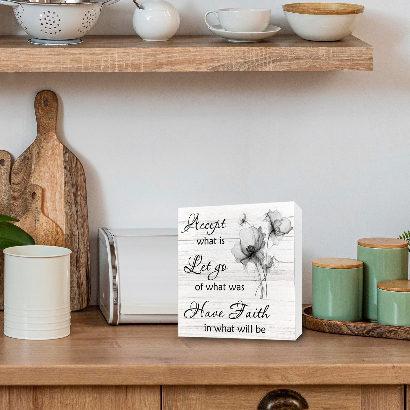 Accept What Is Wooden Sign, Let Go of What Was, Floral Inspirational Desk Dec…