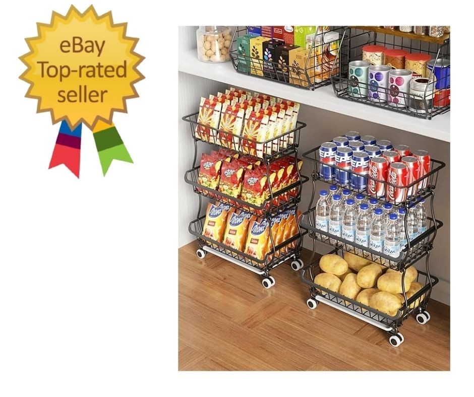 Pantry Storage Cart Fruit Basket Stand 3 Tier Stackable Wire Basket Organizer