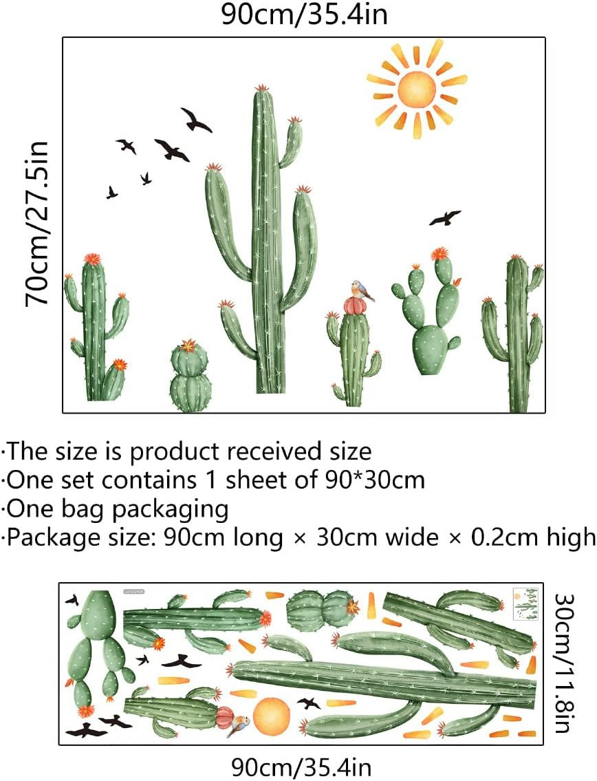 Boho Cactus Wall Decals Boho Sun Wall Stickers Tropical Cacti Green Plants with