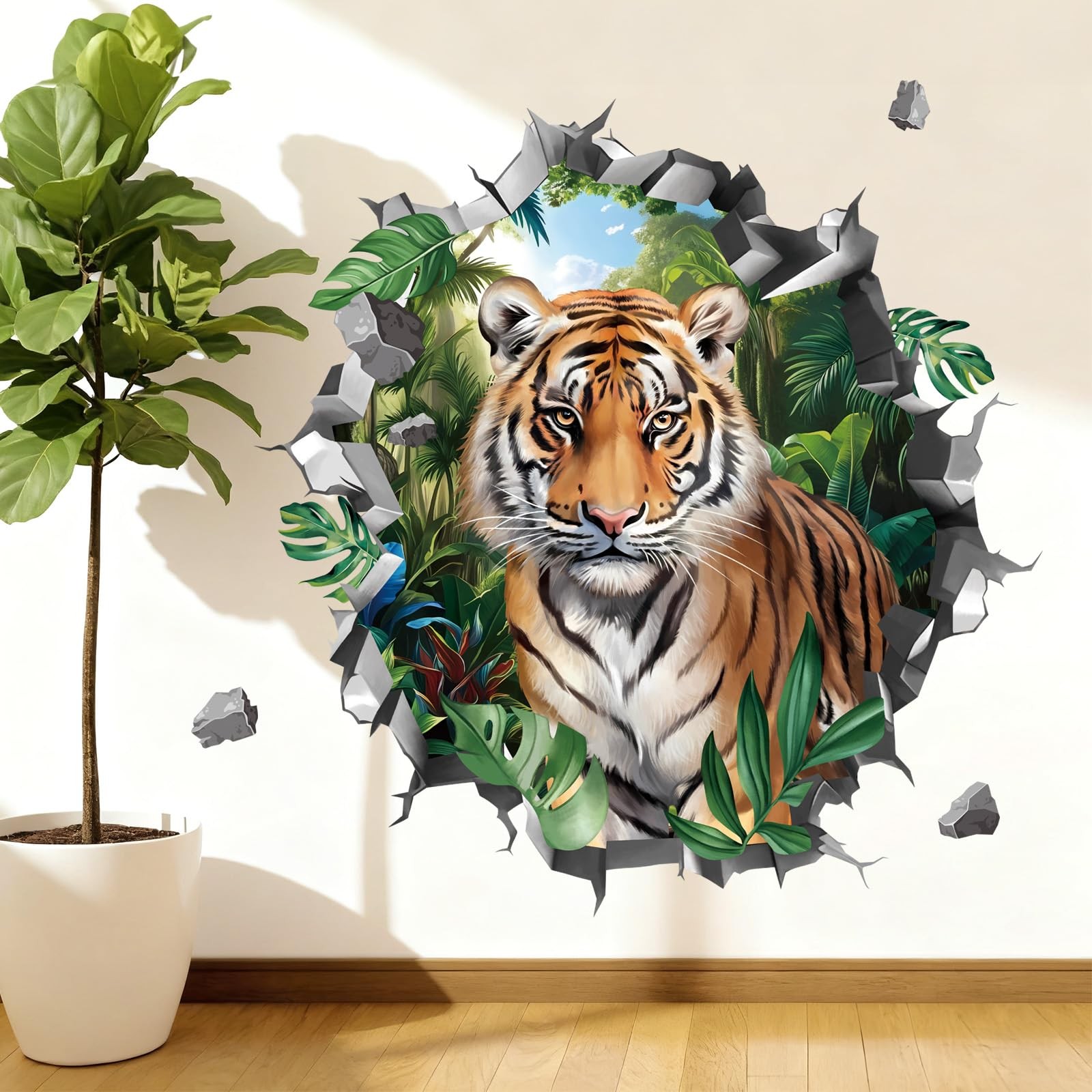 3D Safari Tiger Wall Stickers Break Through Jungle Animals Tiger Peel and Sti…