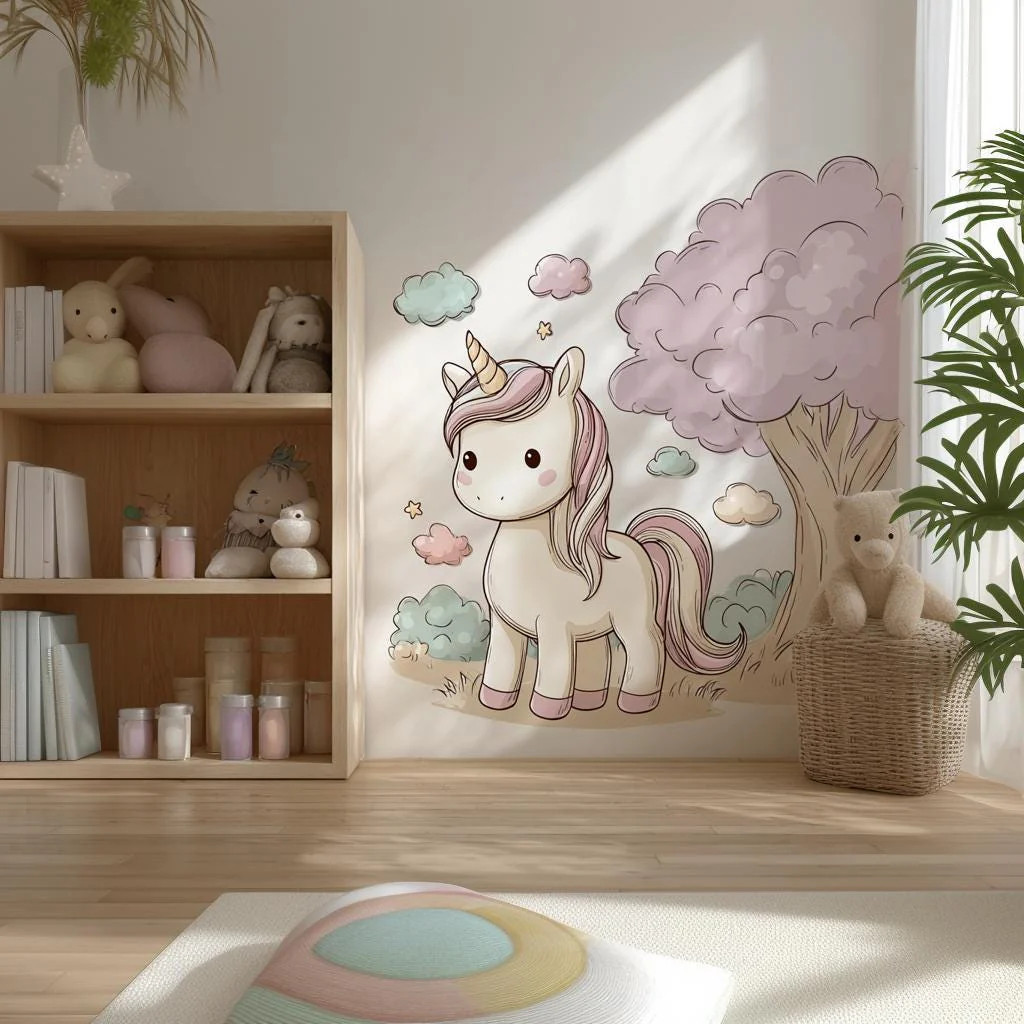 Cute Unicorn Wall Decal | Pastel Cartoon Unicorn Wall Sticker for Girls'