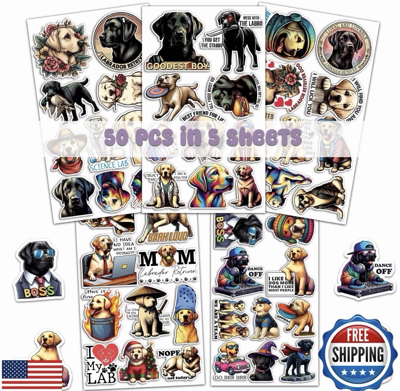 WESILY Pack 50 PCS Labrador Retriever Stickers Cute Cartoon Animals Waterproo