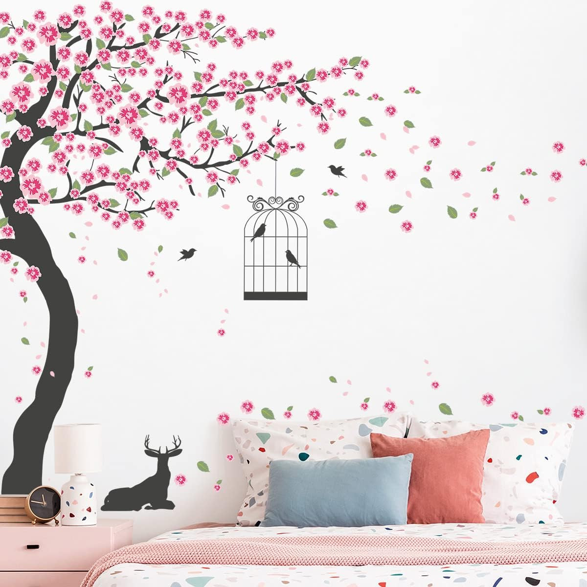 6 PCS Pink Peach Flowers Wall Decals Cherry Blossom Tree Wall Stickers DIY Remov