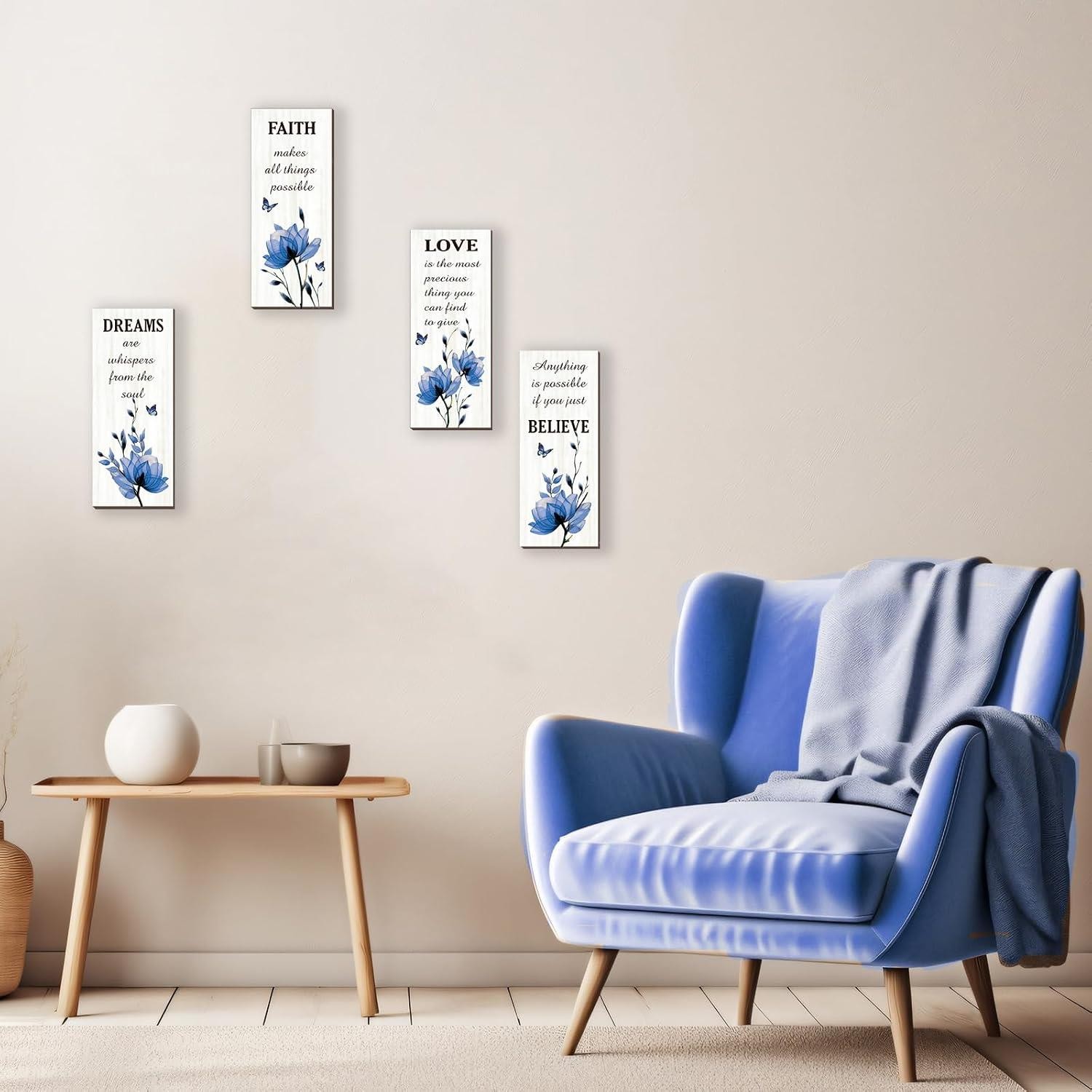 4 Pcs Blue Bathroom Decor Blue Wall Decor With Flower Dreams Faith Love Believe