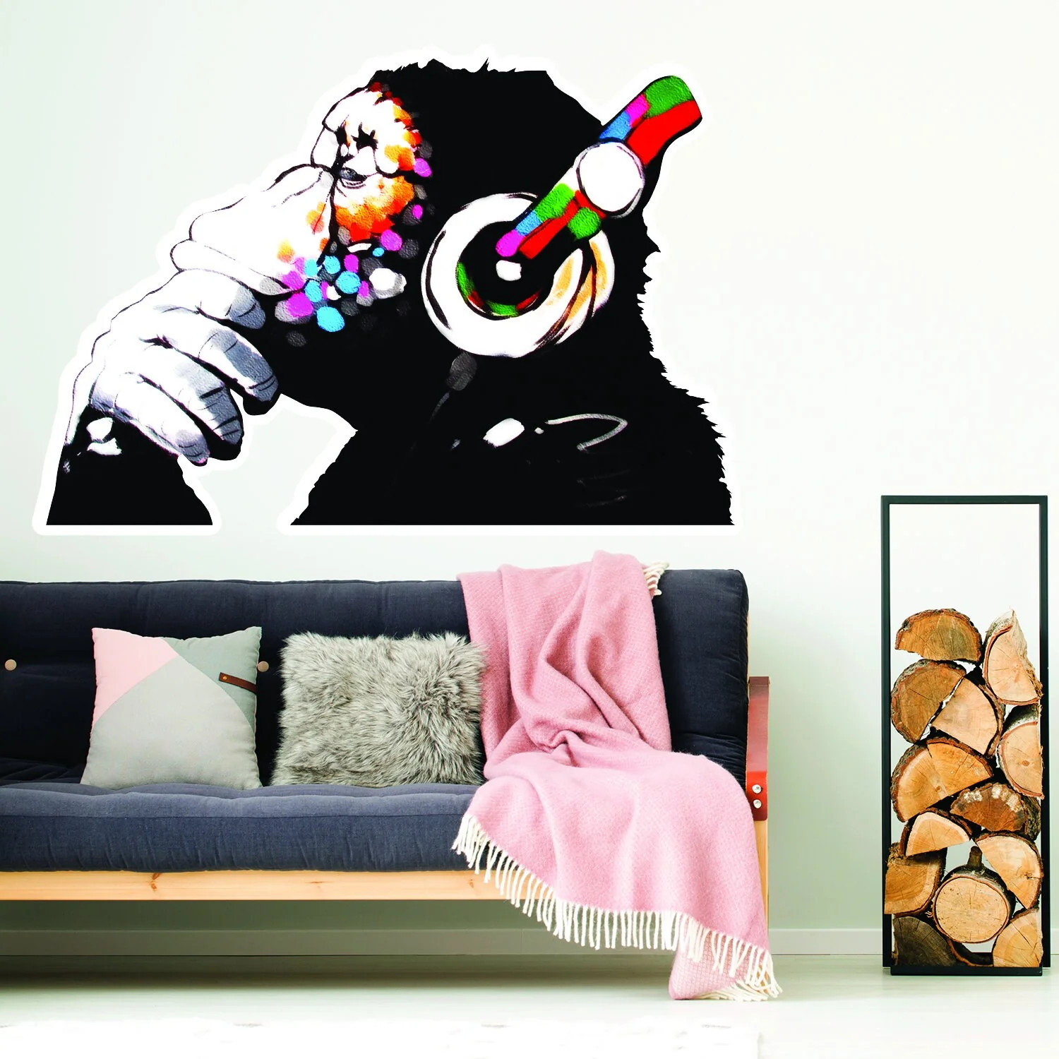 Artist Monkey With Headphones Wall Sticker – Large Bansky Thinking Dj Chimp